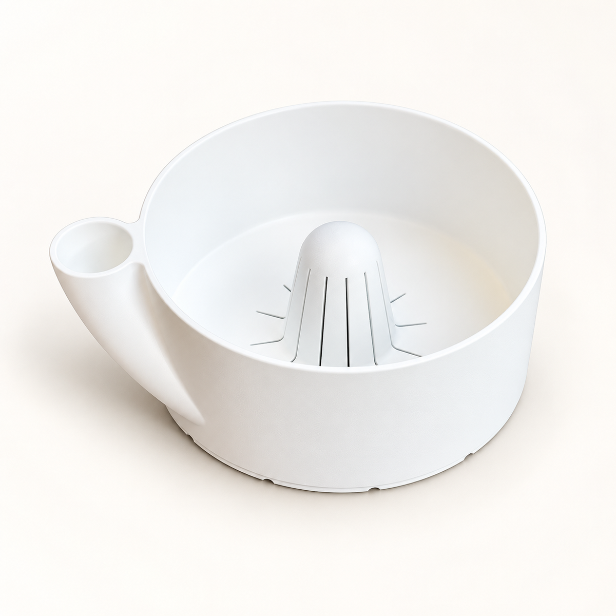 Minimalist white citrus juicer with built-in strainer and pour spout
